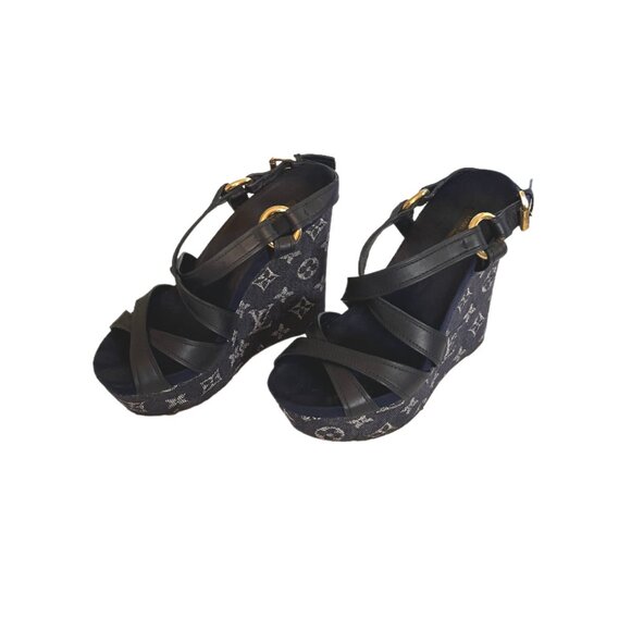Louis Vuitton Navy Blue LV Monogram Denim & Leather Wedge Sandals Size 36/US 6 - Picture 7 of 13